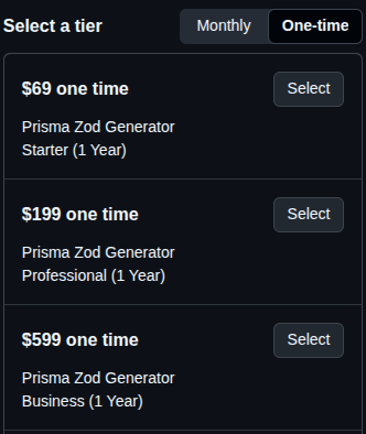 GitHub Sponsors One-time tab showing Prisma Zod Generator tiers
